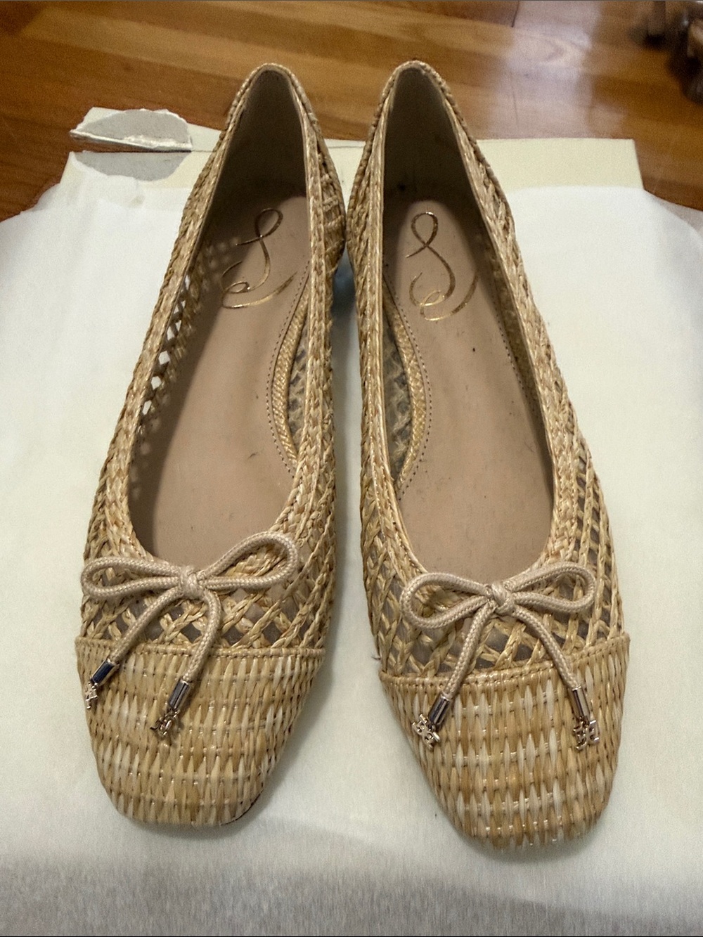 Sam Edelman Woven Bow Flats in Natural Straw